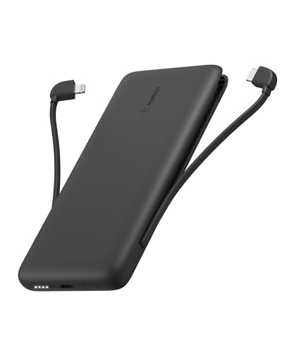 Belkin Portable Charger, Power Bank 10000 mAh, 23W w/Integrated Lightning Cable & USB-C Cable - iPhone Charger Battery Pack - Apple iPhone 17, Air, Pro, Galaxy S25, Pixel 10, Travel Essentials - Black