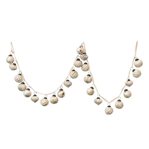 Creative Co-Op Embossed Mercury Glass Ball Ornament Garland, Distressed Matte Cream