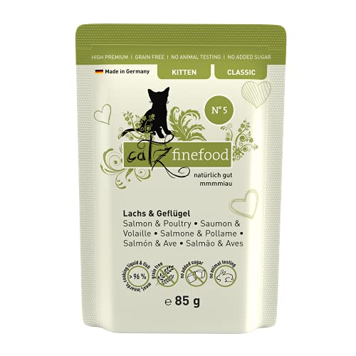 (-44%) catz finefood Kitten No. 5 Lachs und Geflügel Katzenfutter nass - Feinkost Kitten Nassfutter für junge Katzen ohne Getreide und Zucker mit hohem Fleischanteil (16 x 85g Beutel)