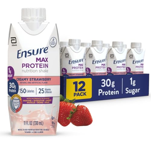 Ensure Max Protein Shake | Creamy Strawberry | Ready to Drink | 30g Protein for Muscle Health | 1g Sugar, 4g Fiber | 11 fl oz, 12 Pack