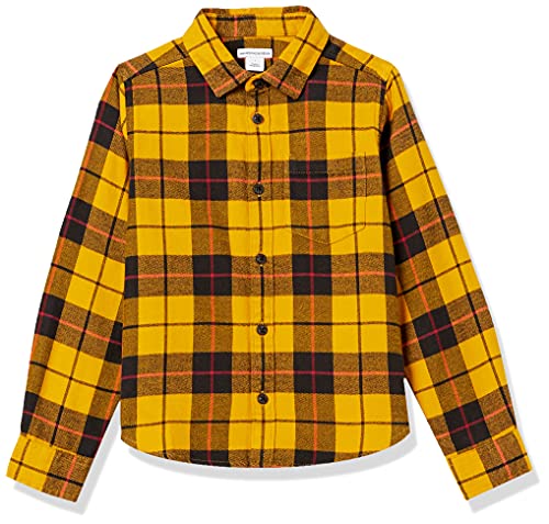 Amazon Essentials Boys' Flannel Button Down Shirt, Yellow Plaid, Small