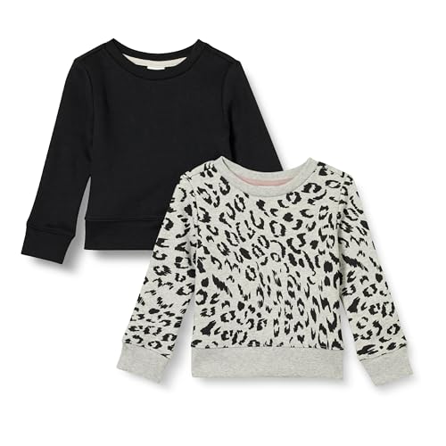 Amazon Essentials Girls' Fleece Crewneck Pullover Sweatshirts, Pack of 2, Black/Light Grey Heather Leopard, Small