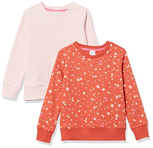 Amazon Essentials Toddler Girls' Fleece Crewneck Pullover Sweatshirts, Pack of 2, Light Pink/Orange Floral, 4T