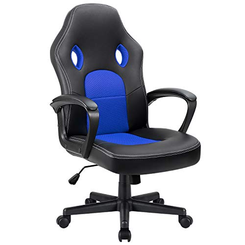 Furmax Gaming-Stuhl, Bürostuhl Leder mit hoher Rückenlehne, ergonomisch verstellbarer Rennstuhl, Chefsessel mit Kopf- & Lendenwirbelstütze, Blau