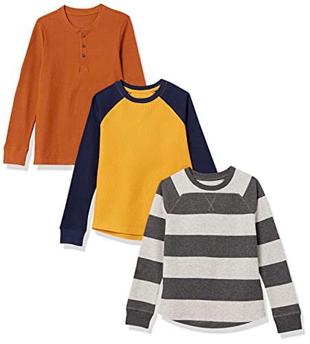 Amazon Essentials Boys' Long-Sleeve Knit Thermal T-Shirt, Pack of 3, Grey Rugby Stripe/Mustard Yellow/Rust, Small
