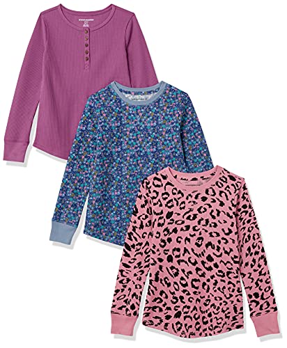 Amazon Essentials Girls' Long-Sleeve Knit Thermal T-Shirt, Pack of 3, Purple/Animal, Small
