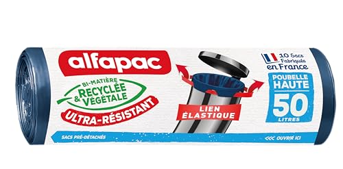 Alfapac - 10 bin Bags 50 L high with Elastic Link - Made in France - bi-Material Recycled & Vegetal