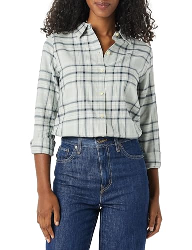 Amazon Essentials Women's Regular-Fit Long-Sleeve Lightweight Plaid Flannel Shirt, Black Grey Plaid, XX-Large