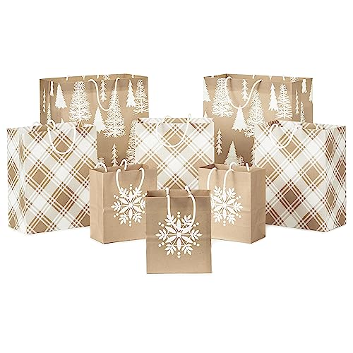 Hallmark Assorted Christmas Gift Bags, Recyclable Kraft Brown with Snowflake, Plaid and Trees (8 Bags: 3 Small 6", 3 Medium 9", 2 Large 13") for Holiday Parties, Hanukkah, Winter Weddings