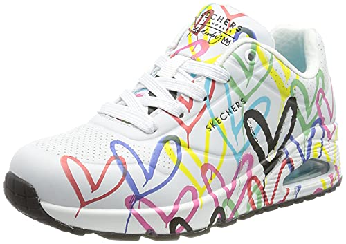 (-58%) Skechers Damen UNO Spread the Love Trainer, White Durabuck W Multi Color Heart Print/Mesh, 37.5 EU