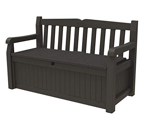 Keter Solana 70 Gallon Storage Bench Deck Box for Patio Furniture, Front Porch Decor and Outdoor Seating – Perfect to Store Garden Tools, Brown/Brown