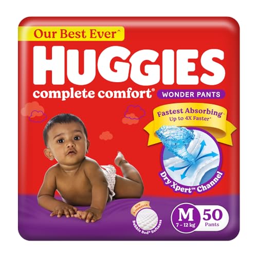 Huggies Complete Comfort Wonder Pants | Pant Style Baby Diapers Medium Size (M), 50 Count | India's Fastest Absorbing Diaper, Prevents Diaper Rash, Id