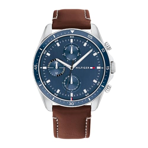 (-39%) Tommy Hilfiger Herren Multifunktionale Quarz-Uhr 44mm - 3 Sub-Dials, Blaues Zifferblatt, Braunem Lederarmband, Wasserdicht bis 5ATM - 1791837