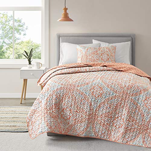 Comfort Spaces Reversible Quilt Set-Vermicelli Stitching Design All Season, Lightweight, Coverlet Bedspread Bedding, Matching Shams, Twin/Twin XL (66 in x 90 in, Gloria Damask Coral 2 Piece