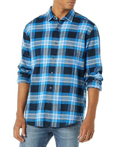 Amazon Essentials Men's Long-Sleeve Flannel Shirt (Available in Big & Tall), Black Blue Grey Tartan Plaid, Large