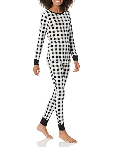 Amazon Essentials Women's Snug-Fit Cotton Sleepwear Pajama Set (Available in Plus Size), Black/White, Buffalo Plaid, Medium