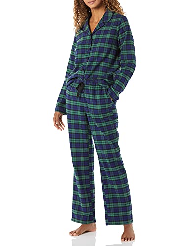 Amazon Essentials Women's Flannel Long-Sleeve Button Front Shirt and Pant Pajama Set, Cobalt Blue Green Blackwatch Plaid, Large