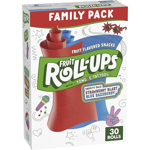 Fruit Roll-Ups Fruit Flavored Snacks, Halloween Treats, Strawberry Blast and Blue Razzberry, Family Pack, 30 Ct, 15 oz