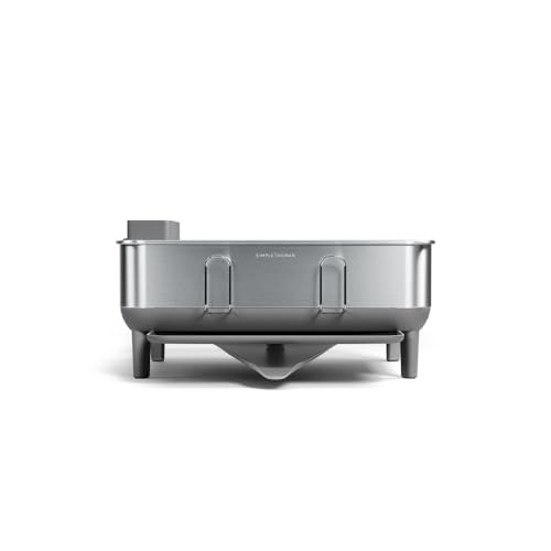 simplehuman Compact Dish Drying Rack with Stainless Steel Frame, 360º Easy Drain Swivel Spout, Utensil Holder, Anti-Residue Coating, Moisture Control Surface, Grey