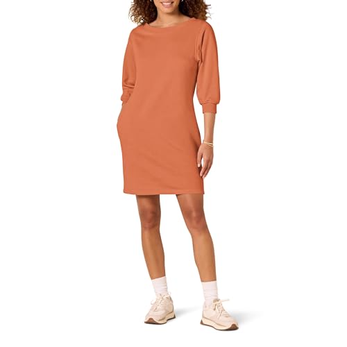 Amazon Essentials Women's Fleece Blouson Sleeve Boatneck Sweatshirt Dress (Available in Plus Size), Caramel, Large