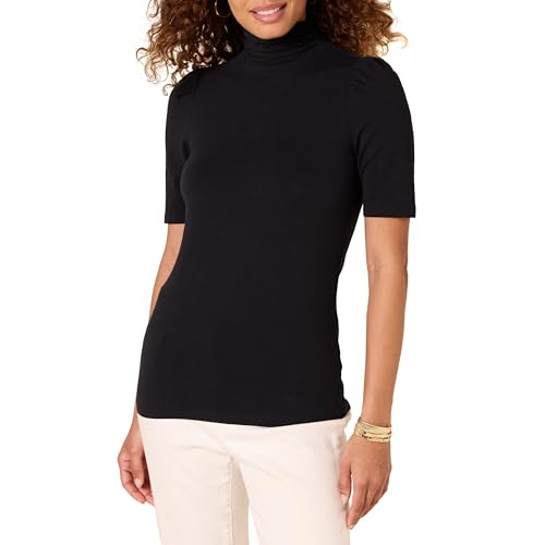 Amazon Essentials Women's Cotton Modal Draped Puff Sleeve Turtleneck, Black, Small