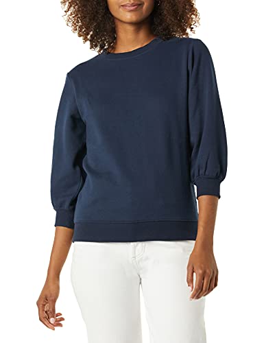 Amazon Essentials Women's French Terry Fleece Crewneck Sweatshirt with Sleeve Detail, Navy, Medium