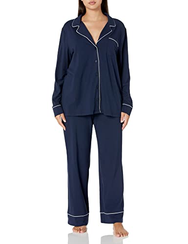 Amazon Essentials Women's Cotton Modal Long-Sleeve Shirt and Full-Length Bottom Pajama Set, Navy, Small