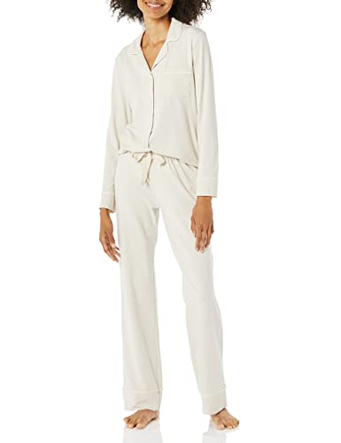 Amazon Essentials Women's Cotton Modal Long-Sleeve Shirt and Full-Length Bottom Pajama Set, Beige, Medium