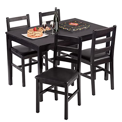 FDW | 5-Piece Solid Wood Dining Table Set for 4 | Brown | Pine Kitchen Table with Upholstered Chairs | Space-Saving Design | Smooth Easy-to-Clean Surface | for Dining Room, Apartment, Restaurant