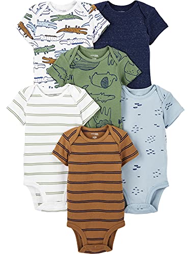 Simple Joys by Carter's Baby Boys' Short-Sleeve Bodysuit, Pack of 6, Multicolor/Alligator/Forest Animals/Stripe, 18 Months
