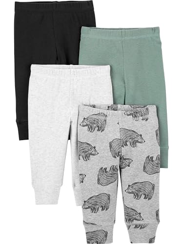 Simple Joys by Carter's Baby Cotton Pants, Pack of 4, Black/Grey Bear/Spruce Green/White, 18 Months