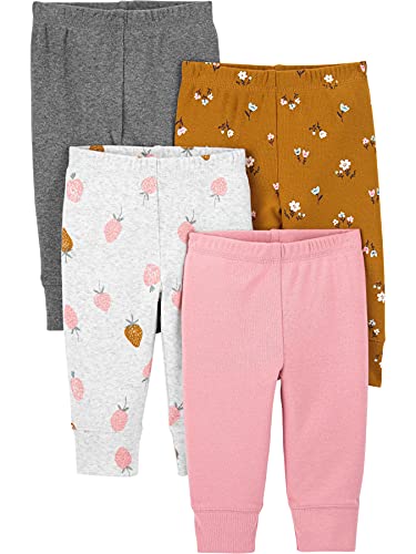 Simple Joys by Carter's Pacote com 4 calças para bebês meninas, Marrom floral/cinza mesclado/morango cinza claro/rosa me...