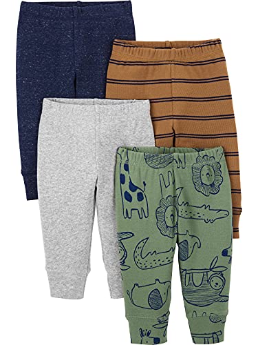Simple Joys by Carter's Baby Cotton Pants, Pack of 4, Blue Heather/Brown Stripe/Grey Heather/Olive Animal, 24 Months