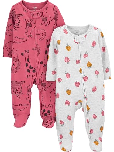Simple Joys by Carter's Baby Girls' 2-Way Zip Thermal Footed Sleep and Play, Pack of 2, Dark Rose Forest Animals/Grey Strawberries, 0-3 Months