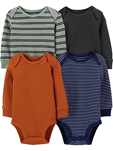 Simple Joys by Carter's unisex-baby Boys' 4-Pack Long-Sleeve Thermal Bodysuits, Black/Green Stripe/Navy/Rust, 12 Months