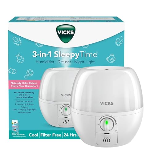 Vicks 3-in-1 SleepyTime Humidifier, No. 1 Brand Recommended by Pediatricians*. Cool Mist Humidifier with Night-Light, and Essential Oil Diffuser for Baby and Kids rooms. Visible Cool Mist, White.