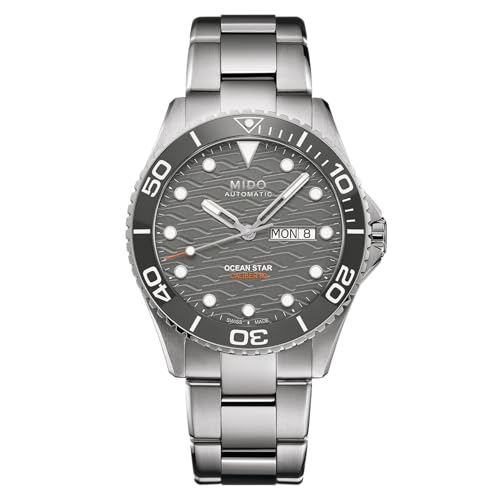 MIDO Ocean Star 200C - Swiss Automatic Diving Watch for Men - 42.5mm Stainless Steel Case - Rotating Ceramic Bezel - Silver Wave-Design Dial with Day,Date Calendar - Stainless Steel Bracelet - M0424301108100