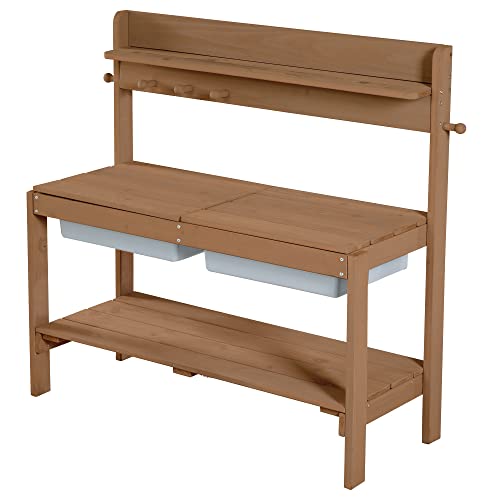 roba Children's Outdoor Garden Kitchen Fun - Wooden mud kitchen with removable cover - 2 plastic tubs & shelf - Weather-resistant work table/outdoor play kitchen - Teak