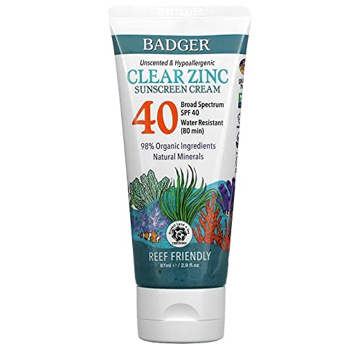 Badger Reef Safe Sunscreen, Unscented SPF 40 Sport Mineral Sunscreen, 98% Organic, Water Resistant Zinc, Approved for Hawaii & Mexico Reefs, 2.9 fl oz
