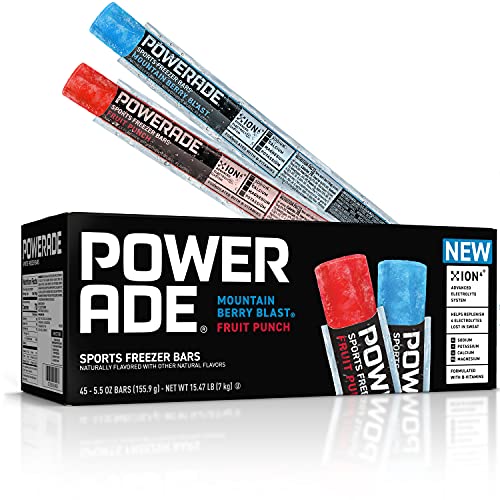 POWERADE Sports Freezer Bars, Giant Sized 5.5 oz Refreshing Ice Pops with Electrolytes B Vitamins – Naturally Flavored, Mountain Berry Blast and Fruit Punch, 45 Total Freezer Bars