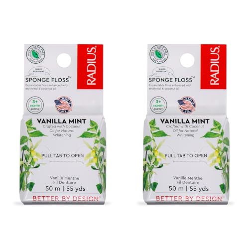 Radius Dental Floss, Sponge Floss, Vanilla Mint, 55 Yards, Vegan & Non-Toxic Oral Care Designed to Help Fight Plaque, Pack of 2
