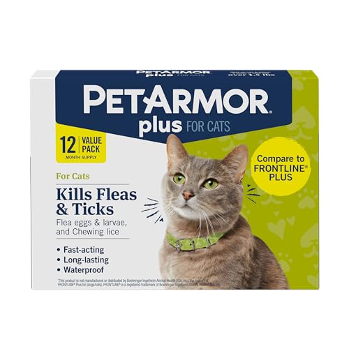 PetArmor Plus Flea and Tick Prevention for Cats, Cat Flea and Tick Treatment, 12 Doses, Waterproof Topical, Fast Acting, Cats Over 1.5 lbs
