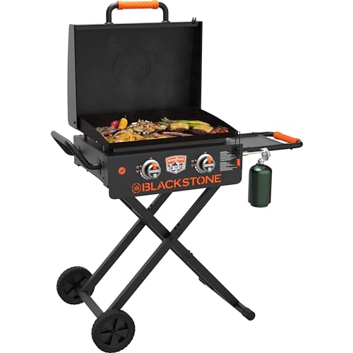 Blackstone 22” On The Go Scissor-Leg Griddle with Two Burners -Stainless Steel Gas Griddle with Hood, Wheels, Side Shelf –Heavy Duty Outdoor Stainless Steel Griddle for Backyard, Patio Camping –1935