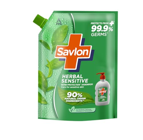 ITC Savlon Herbal Sensitive Germ Protection Liquid Handwash Refill Pack 1.3L | 99.9% Germ Protection | 90% Natural Origin Ingredients | Family Size Re
