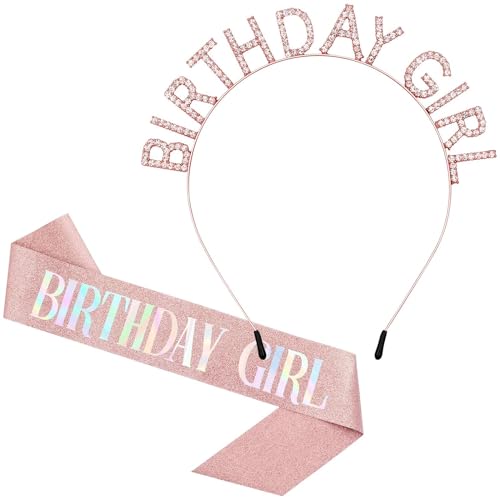Aurmigle Birthday Crown and Sash Set for Women - Glitter Birthday Girl Sash, Rose-Gold Rhinestone Tiara Headband Gifts Sweet Happy Accessories
