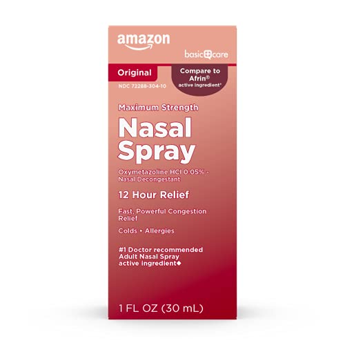 Amazon Basic Care Maximum Strength 12 Hour Nasal Spray, Oxymetazoline HCl Solution, Congestion Relief, Cold and Allergy Medicine, Decongestant, 1 fl oz (Pack of 1)