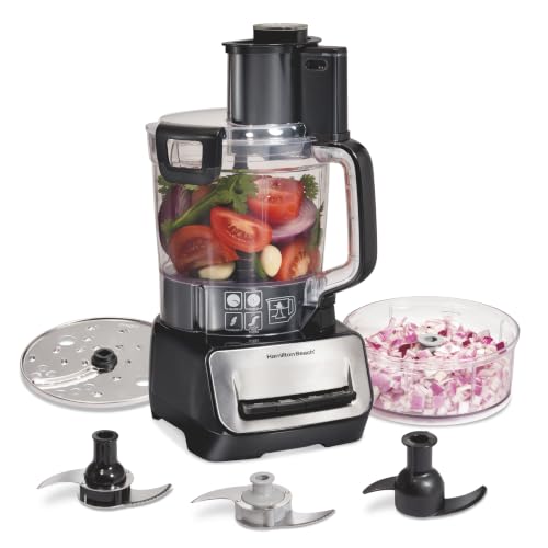 Hamilton Beach Processador de alimentos Stack & Snap Duo tigela de 14 copos e mini helicóptero de vegetais, motor de 3 velocidades de 500 watts, livre de BPA, lâminas de aço inoxidável, preto (70585)