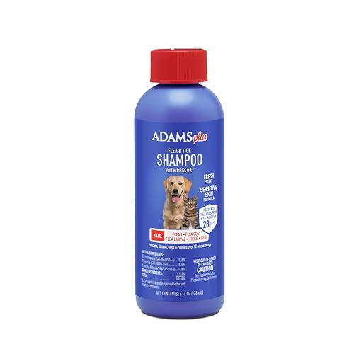 ADAMS Plus Flea & Tick Shampoo with Precor IGR for Cats, Kittens, Dogs & Puppies Over 12 Weeks Of Age, Sensitive Skin Flea Treatment, Kills Adult Fleas, Flea Eggs, Ticks, and Lice, 6 Ounces