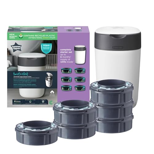Tommee Tippee Twist and Click Nappy Bin Starter Set, 6x Refill Cassettes with Multilayer, Antibacterial Film, 100% Recycled Chassis, White