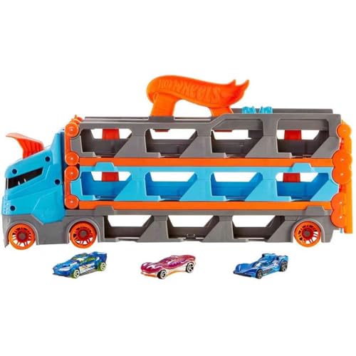 Hot Wheels - Speedway Hauler Storage Carrier with 3 1:64 Scale Cars & Convertible 6-Foot Drag Race Track for Kids 4 to 8 Years Old, Stores 20+ Cars & Connects to Other Playsets, HGH33
